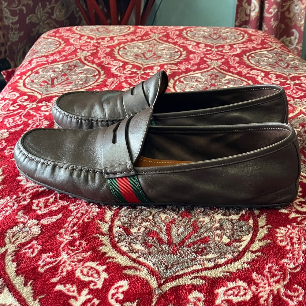 Gucci Brown Leather Penny Loafers with Signature Red & Green Web - Picture 2 of 11
